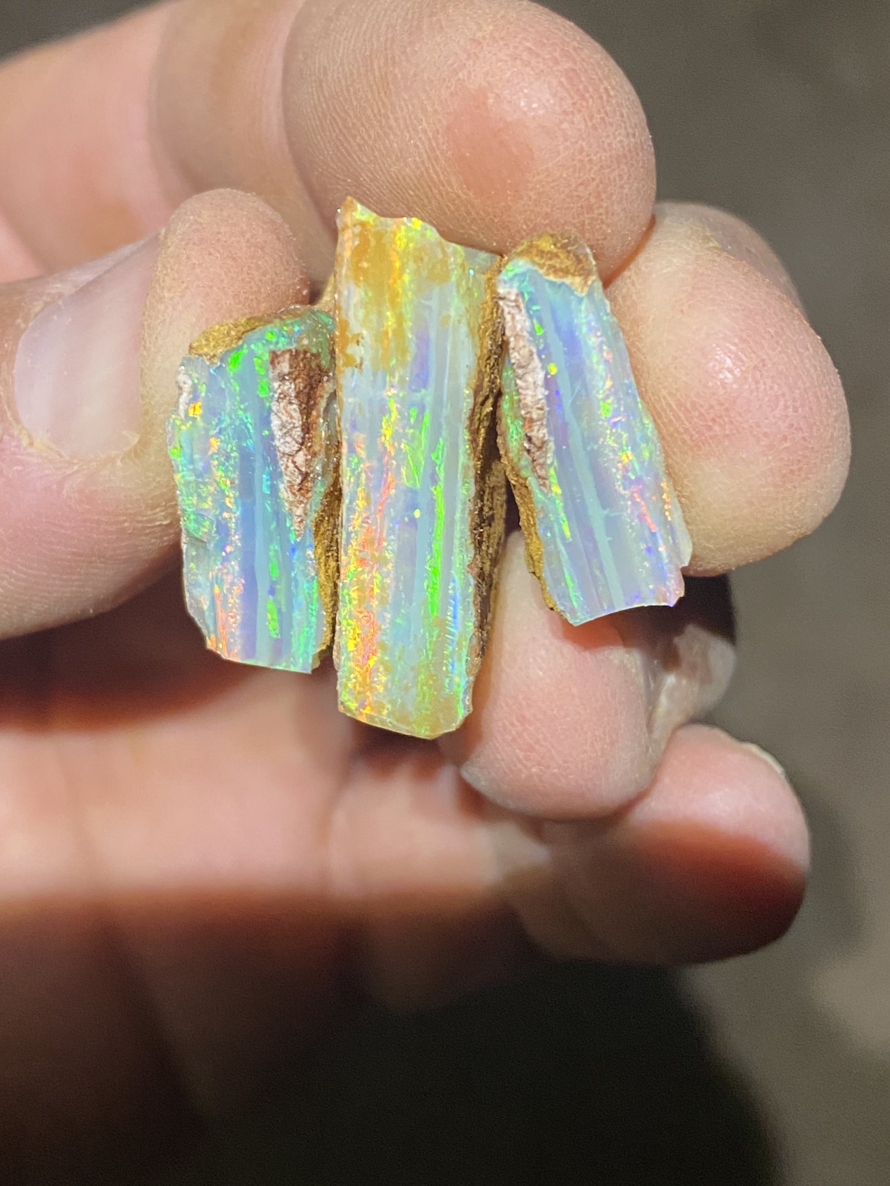 Rough crystal opal pieces flashing green and orange in a dusty hand.